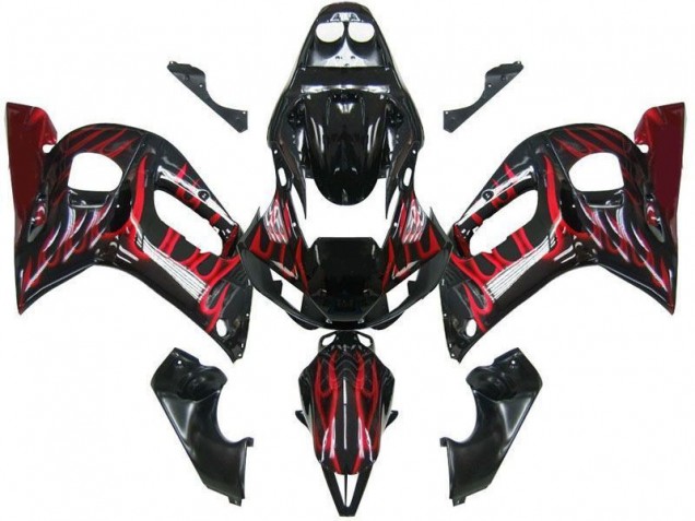 1998-2002 Yamaha YZF 600 R6 Motorcycle Fairings - Glossy Black Red Flame Canada