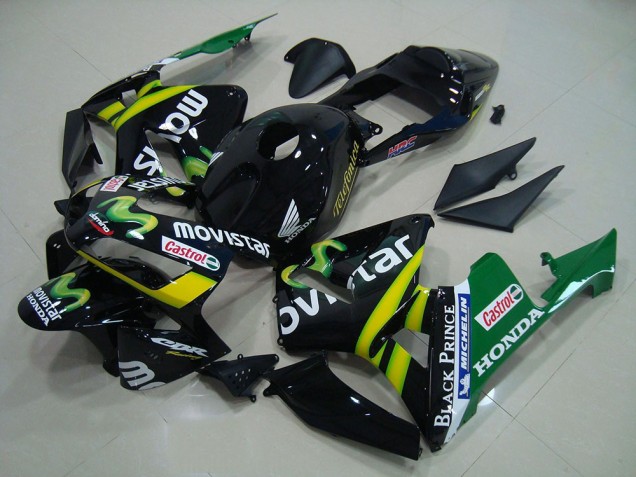 2003-2004 Honda CBR600RR Motorcycle Fairings - Glossy Black Yellow Green MoviStar Canada