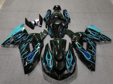 Wholesale 2006-2011 Kawasaki ZX14R Motorcycle Fairings - Glossy Black Light Blue Flame Canada