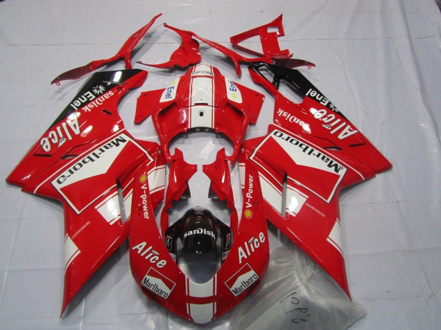 2007-2014 Ducati 848 1098 1198 Motorcycle Fairings - White Red Glossy Black Marlboro Alice Canada