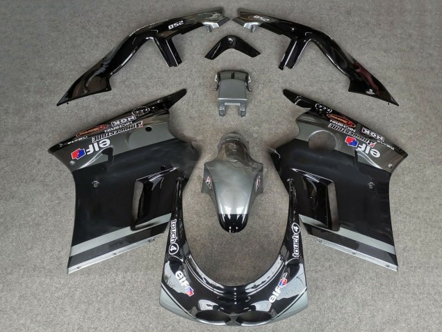 1989-1990 Kawasaki ZXR250 Motorcycle Fairings - Glossy Black Grey Elf Touch4 Bridgestone Canada
