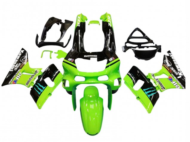 1998-2003 Kawasaki ZZR600 Motorcycle Fairings - Green Glossy Black Blue Monster Elf Touch4 Bridgestone Canada