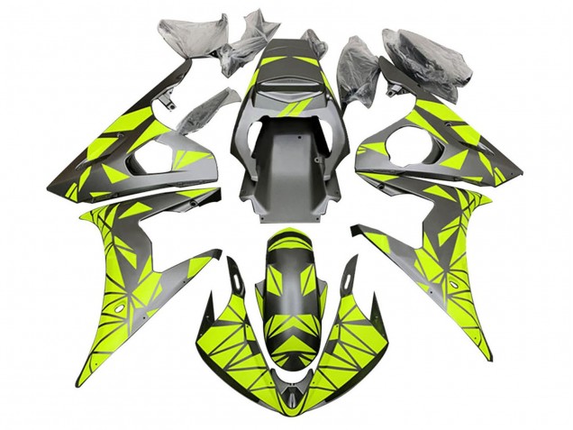 2003-2004 Yamaha YZF R6 Motorcycle Fairings - Neon Green Matte Black Geometric Canada