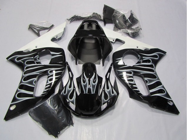 1998-2002 Yamaha YZF R6 Motorcycle Fairings - Glossy Black White Flame Canada