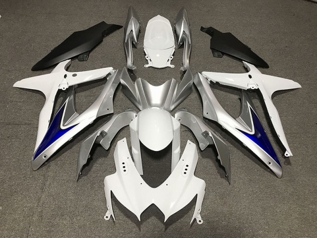 08-10 Gloss White With Silver and blue Matte Black Lower GSXR 600-750 Fairings