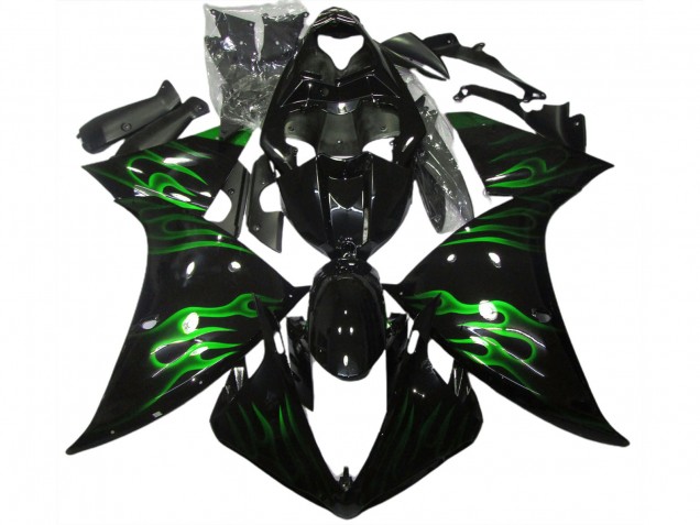 09-11 Black & Green Flame R1 Fairings